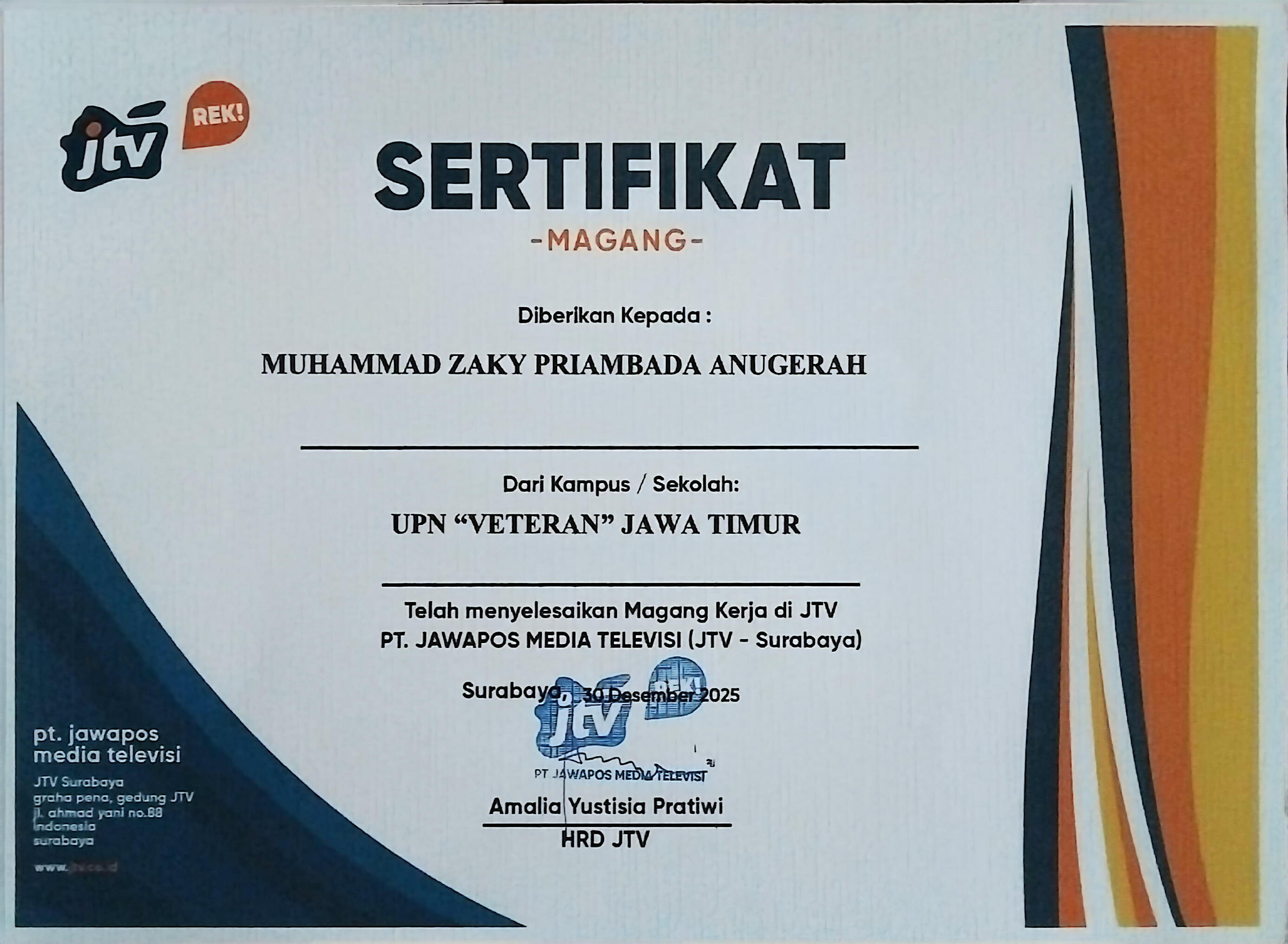 Sertifikat Internship di PT. Jawa Pos Media Televisi (JTV)